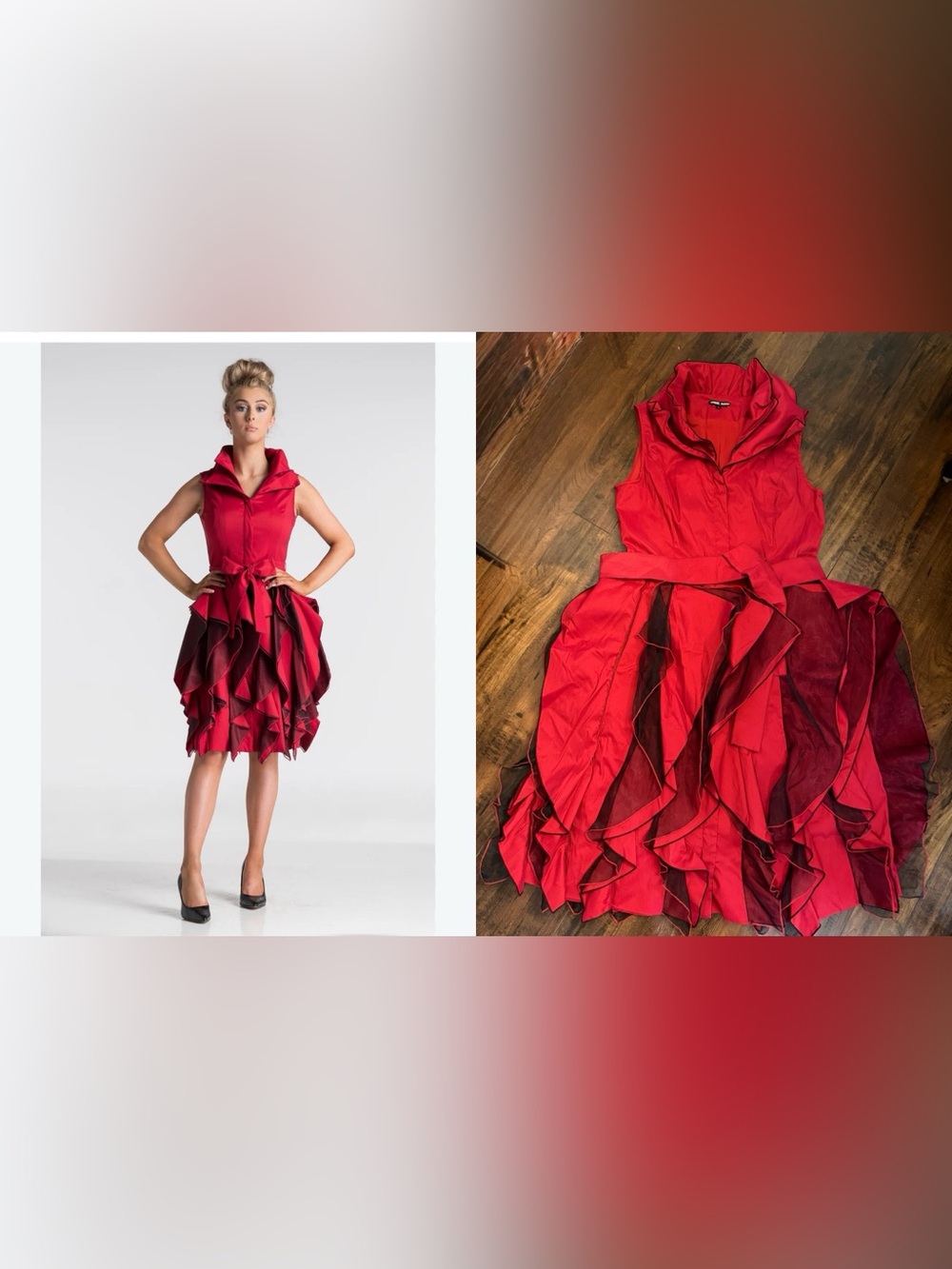 Samuel Dong Red Avant Garde Wired Collar Asymmetric Bubble Skirt Dress M